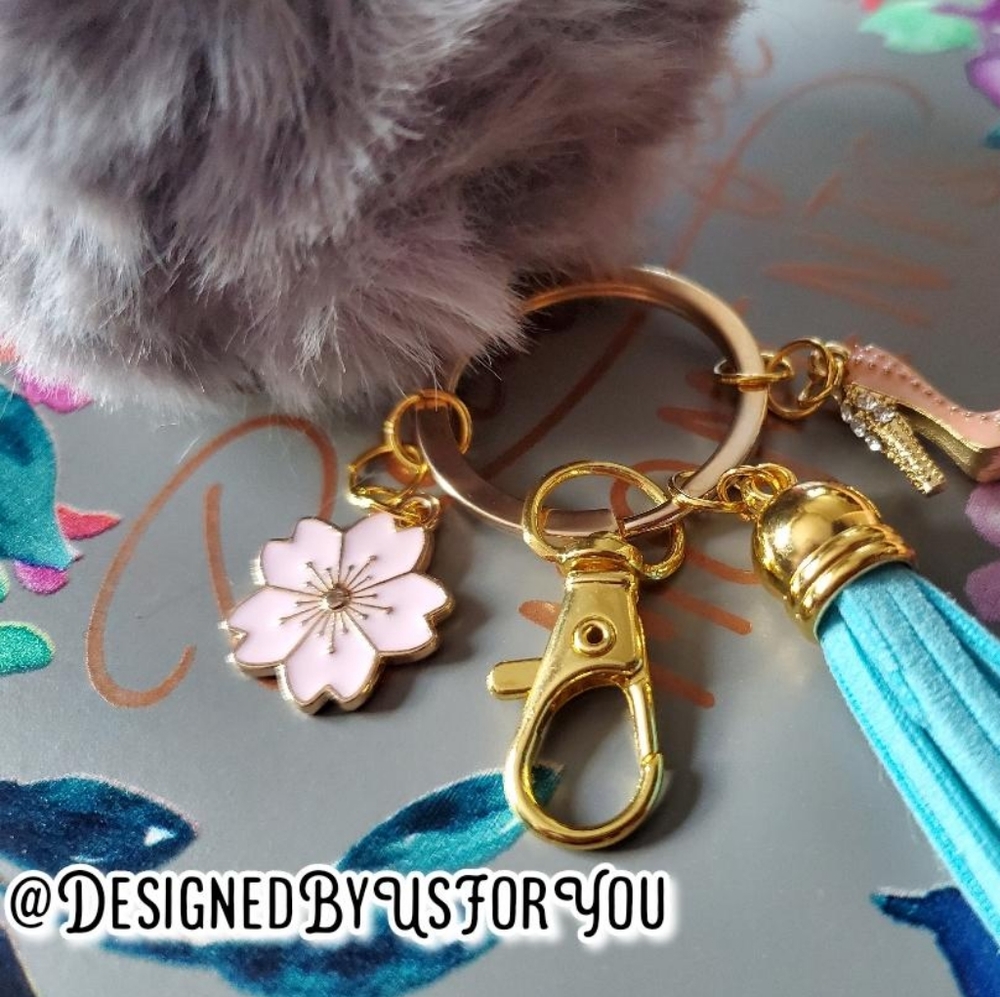 Grey Pom-pom gold Keychain with Charms